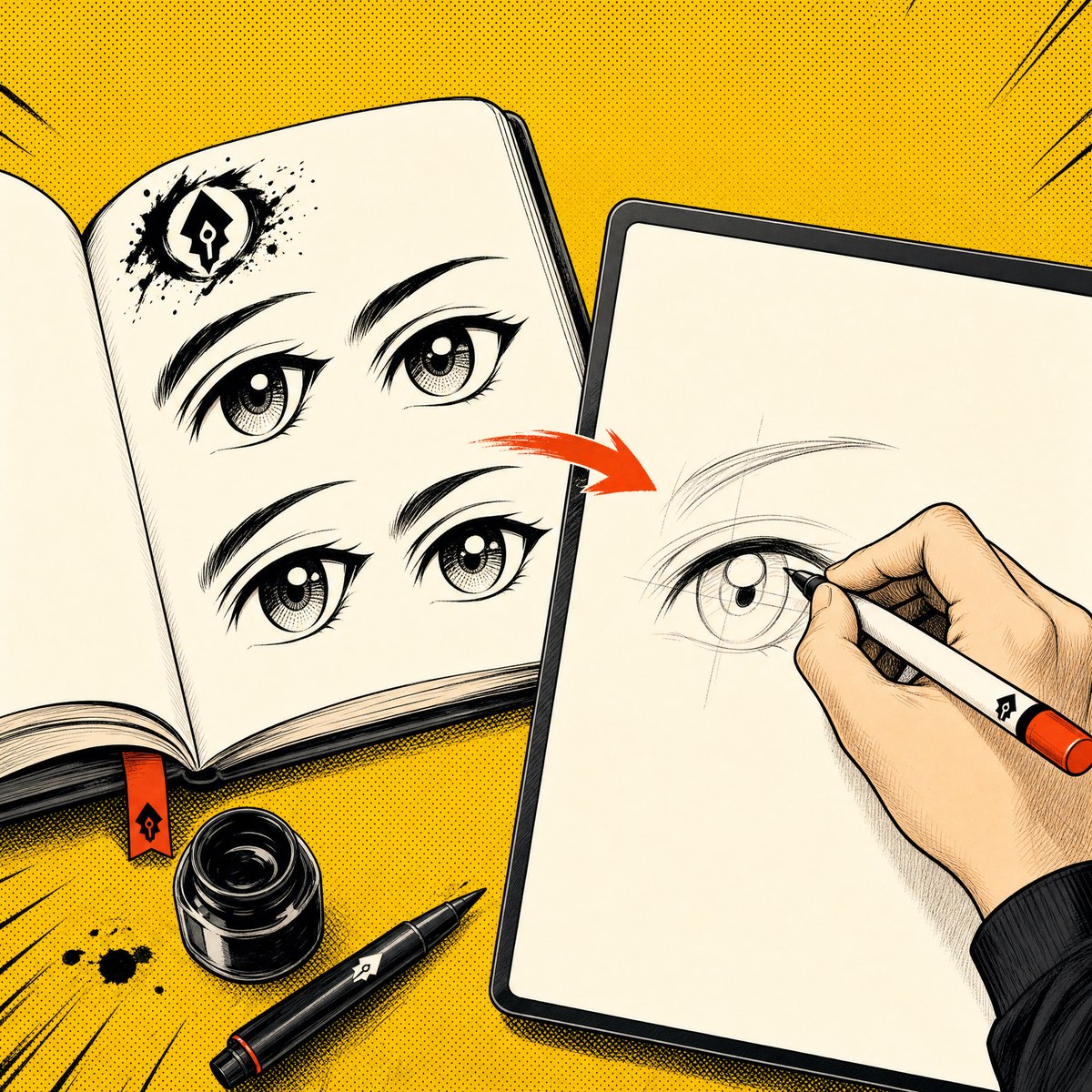 Hand copying an INKLAB reference: open book on the left, drawing on tablet on the right